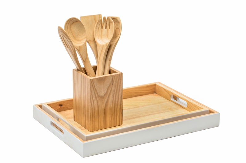 Rubber wood breakfast serving tray set with handle