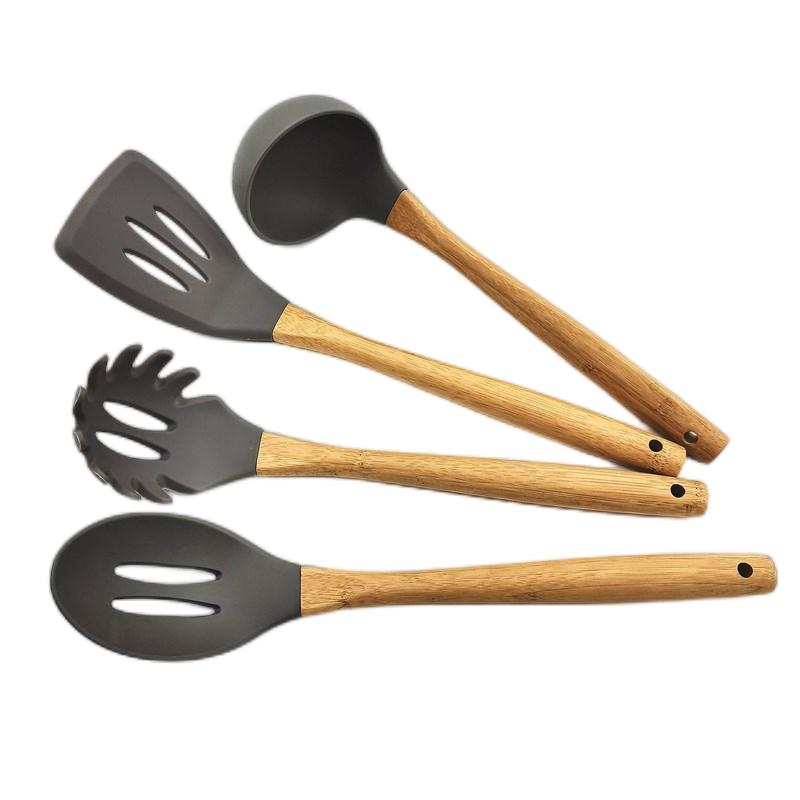 Silicone kitchen utensil set with wooden handle