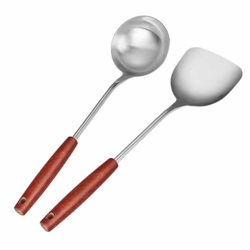 Stainless steel kitchen tools with different wooden handle