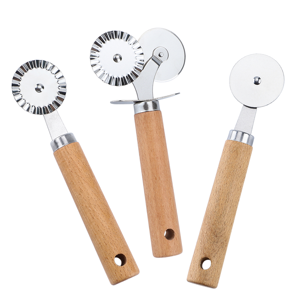 Stainless steel pizza cutter set with wooden handle