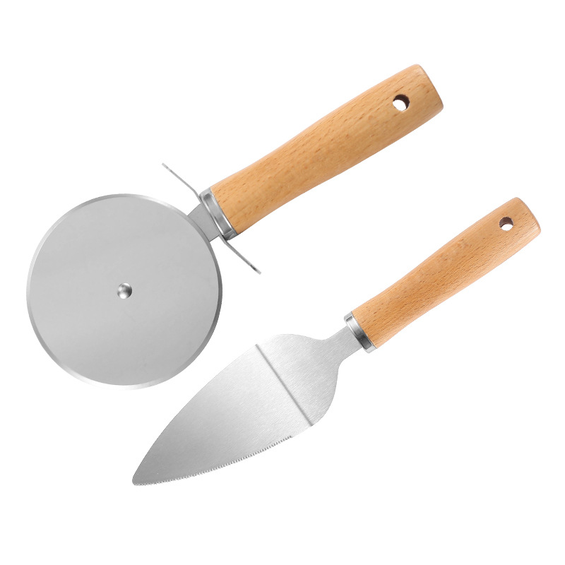 Stainless steel pizza cutter and shovel set with wooden handle