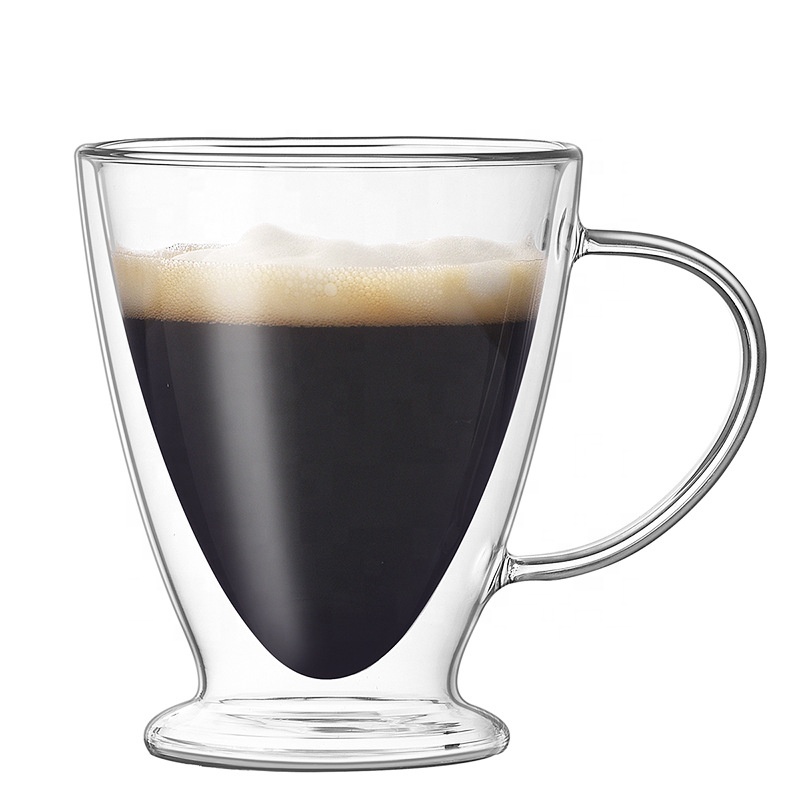 300ml high borosilicate glass double wall coffee cup with handle