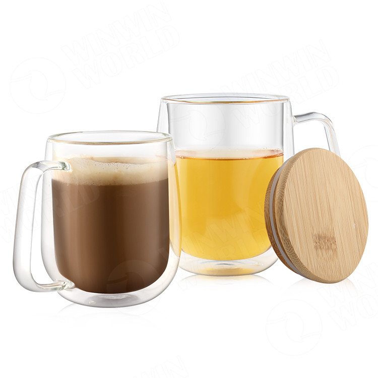 400ml high borosilicate glass double wall coffee cup with bamboo lid