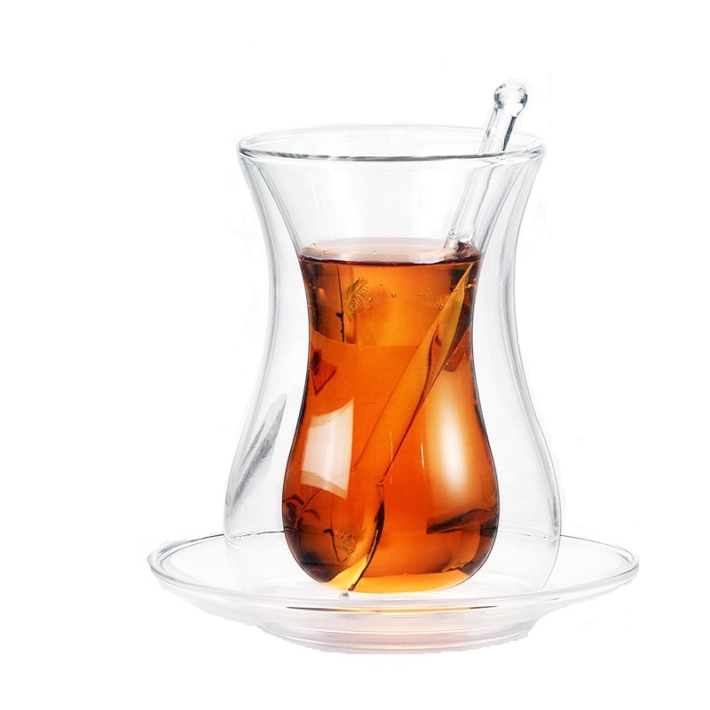 200ml high borosilicate glass double wall coffee cup with saucer and spoon