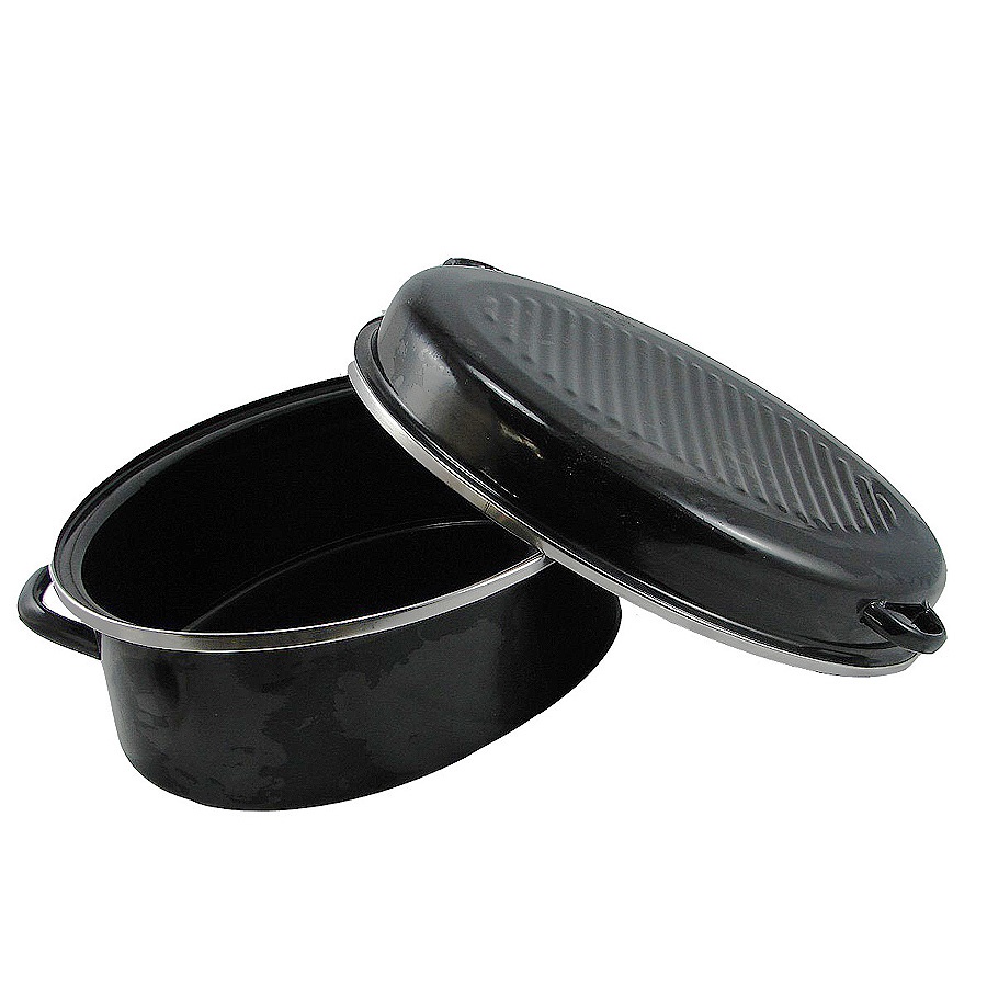 Enamel chicken pan with stainless steel rim