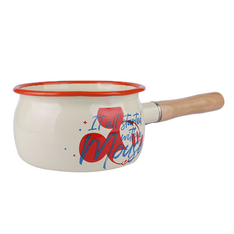 Enamel sauce pan with wooden handle