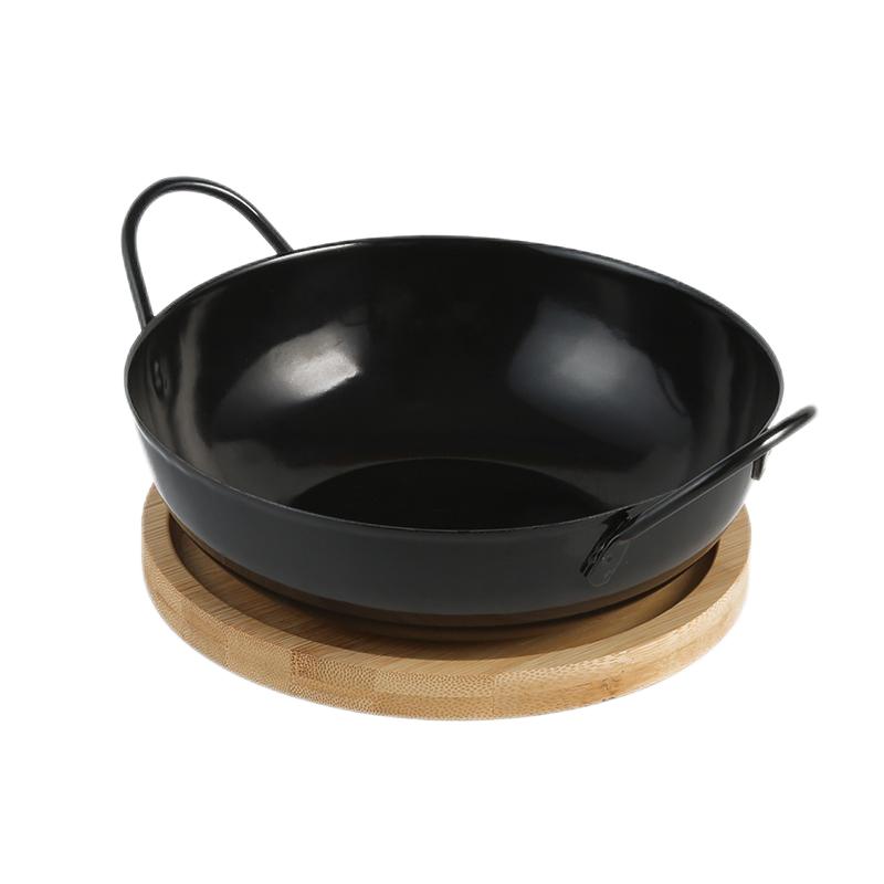 Enamel double handle wok pan with bamboo tray